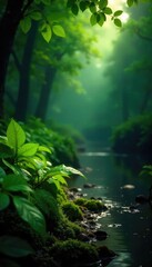 Wall Mural - Serene landscape bathed in the soft glow of a gentle rain shower; glistening leaves and lush greenery Perfect for nature, weather, and serenity themes , drops, gentle rain