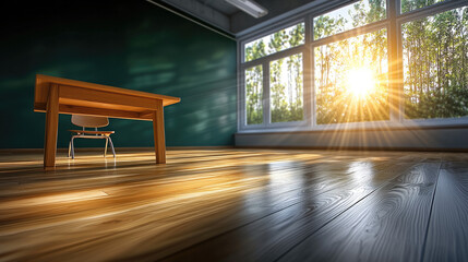 Poster - Empty modern classroom with wooden floor, sunlight streaming through large windows, peaceful and serene atmosphere