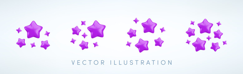 Wall Mural - vector 3d violet sparkling star collection. cute realistic cartoon 3d render, purple sparkle shining