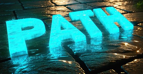 Aufkleber - Bright blue illuminated letters spelling PATH rest upon wet stone surface. Dramatic lighting creates strong reflections, dark background.