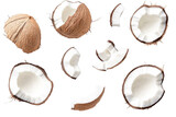 Floating coconut halves and pieces in air isolated on transparent PNG