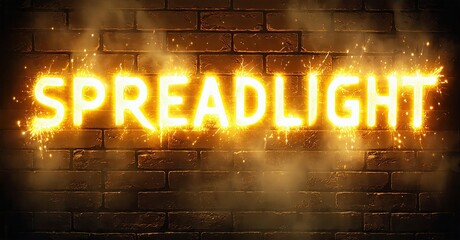 Aufkleber - Bright text SPREADLIGHT glows against brick wall. Golden light radiates, creating dramatic effect. Warm tones dominate composition.