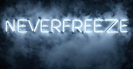 Aufkleber - Bright neon sign spells NEVERFREEZE. Background features dark smoke, creating dramatic effect. Cool blue tones dominate image.