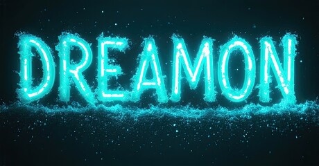 Poster - Bright turquoise text spells DREAMON over dark background. Particles create glowing, fragmented effect. Bold typography dominates composition.
