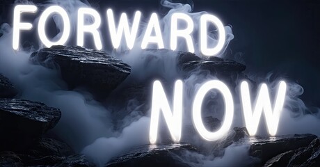 Aufkleber - Glowing text spells FORWARD NOW above misty rocks. Dramatic lighting creates strong contrast, inspiring motivation. Dark background emphasizes bright words.
