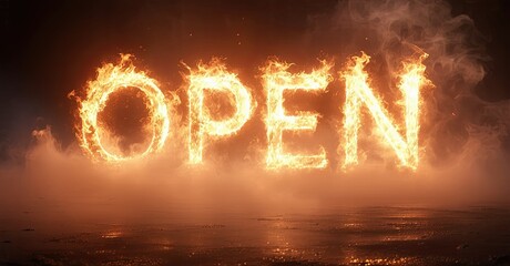Aufkleber - Fiery text spells OPEN over reflective surface. Dramatic lighting creates intense, warm visual impact. Smoke adds atmosphere.