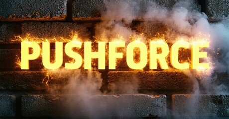 Aufkleber - Fiery text PUSHFORCE bursts through brick wall. Smoke surrounds glowing letters, dramatic lighting creates intense effect.