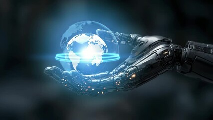 Fototapete - A robotic hand holds a glowing digital globe, symbolizing artificial intelligence’s control and global impact.