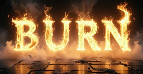 Aufkleber - Fiery text spelling BURN dominates image. Smoke rises from glowing letters over dark tiled floor. Dramatic lighting creates intense effect.