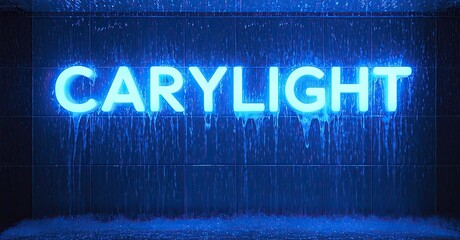 Fototapete - Bright blue illuminated text CARYLIGHT cascades water. Dark background emphasizes glowing lettering, creating dramatic visual effect.
