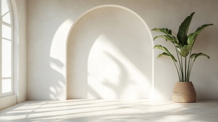 Fototapete - Soft midday light casts shadows on bare walls of a minimalist room featuring an elegant arch and a tall green plant in a woven pot, creating a calm and inviting space