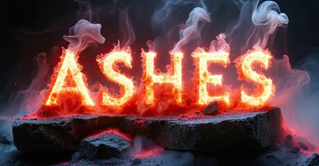 Aufkleber - Fiery text spelling ASHES rests upon stone. Smoke rises, creating dramatic, intense visual effect. Dark background emphasizes glowing embers.