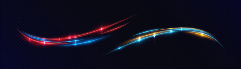 Poster - Colorful neon arcs cross the space, simulating fast maneuvers and pulsating energy. Suitable for futuristic interfaces, racing and digital transformations.