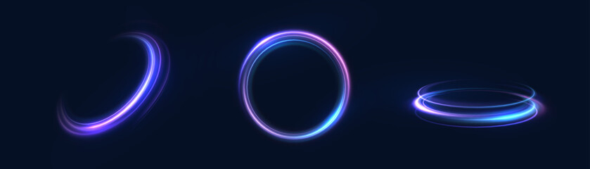 Leinwandbilder - Abstract light effect of glowing line, bright swirl moving in circle on transparent background. Light flow speed effect. Vector	