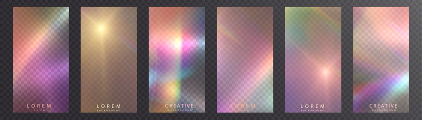 Poster - Rainbow light rays, lens flare, reflection effect from crystal, glass or gem. Vector realistic illustration set of light leak effect with spectrum glare, prism refraction, lens flare	