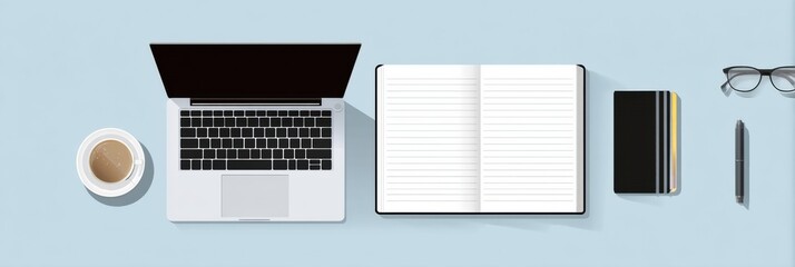 Poster - Minimalist Tech Desk Setup With Open Blank Notebook and Coffee Cup for Creative Workspace Organization and Productivity Enhancement