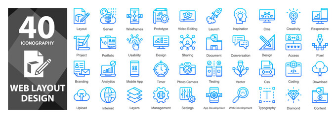 Wall Mural - a blue line gradient icon set featuring responsive layouts, flexible ui components, and structured c