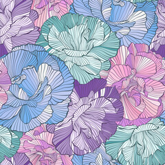  Seamless Floral Pattern Featuring Hand-Drawn Peonies In Soft Pastel Shades Of Blue, Purple, And Pink With Intricate Line Details