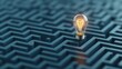 © ADD PHOTO - A single glowing light bulb illuminates the center of an intricate winding maze symbolizing the search for solutions and the illumination of ideas within complex challenges