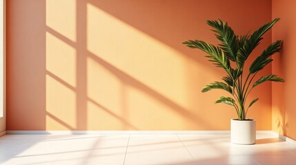 Fototapete - Natural light filters through a window, casting shadows across a simple room featuring a vibrant orange wall and a lush green potted plant, creating a calm atmosphere