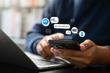Aufkleber - Businessman uses AI chatbot on smartphone for digital communication and customer service. Smart virtual artificial intelligence assistant, Intelligent system in today business and daily life world.