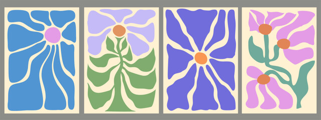 Aufkleber - Set Of Abstract Floral Posters. Collection Of Groovy Flower Pattern Vector Design. Cool Blossom Cute Art Placards.