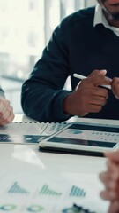 Poster - Business people, paperwork or hands with tablet in meeting for budget proposal, planning or graphs. Financial managers, tech screen and revenue stats for data analysis and portfolio review in office