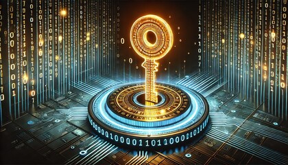 A futuristic and digital-themed scene featuring a glowing golden key made of detailed binary code, unlocking a high-tech circular lock