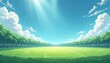 © Pete - Anime style soccer field illustration. Green grass, blue sky with clouds, trees surrounding field. Ideal background design. Suitable for children books, posters, game backgrounds. Sport, soccer,