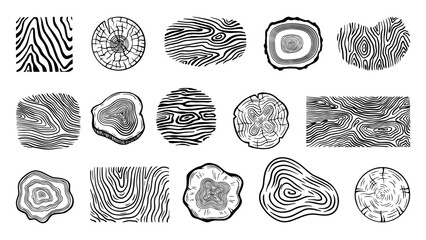 Doodle tree log textures. Trees rings, different trunks and logs structures. Abstract wooden elements, simple natural organic shapes, neoteric vector set