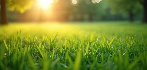 Wall Mural - Green meadow at sunrise. Park garden landscape with grass, trees. Sunny morning, bright daylight. Relaxing nature background, eco travel, health wellness. Scenic spring, summer day.
