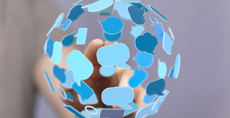 Poster - Image depicts a hand interacting with a sphere of blue speech bubbles, symbolizing global communication and digital connection.
