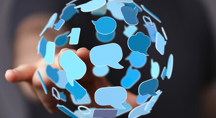 Poster - A network of interconnected speech bubbles symbolizes global communication and digital interaction.