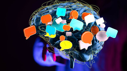 Poster - Abstract image of a brain with colorful speech bubbles, representing communication, ideas, and thought processes.