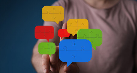 Aufkleber - Teamwork, problem-solving, and communication.  Visual of puzzle pieces forming speech bubbles.