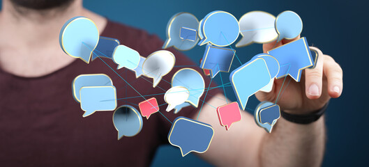 Poster - Image of a person interacting with a network of digital speech bubbles, representing global communication and connection.
