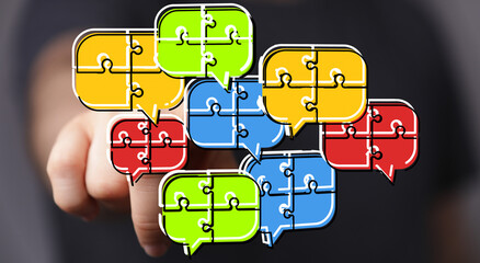Aufkleber - Colorful puzzle pieces in speech bubbles illustrate teamwork, communication, and problem-solving.