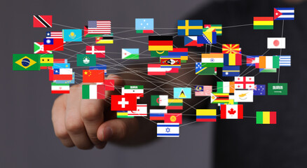 Poster - Image depicts a network of interconnected flags, symbolizing global collaboration and international relations.