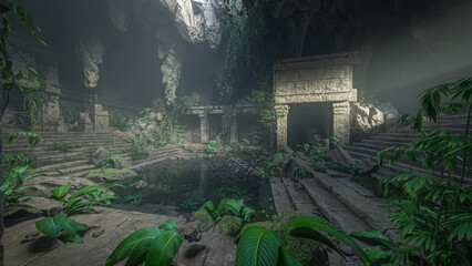 Aufkleber - Ruins of an ancient fantasy temple buried in a cave in mountains. 3D render.