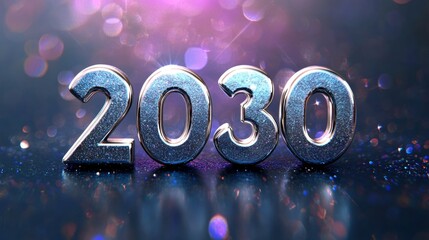 Wall Mural - silver metallic year 2030 text on a reflective surface with a sparkling magenta background
