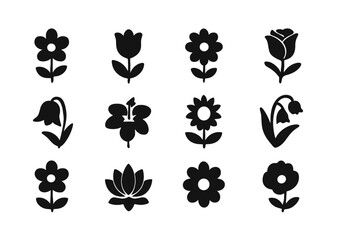 Aufkleber - Floral silhouettes in black on white background showcasing diverse flower designs for decoration or graphic use