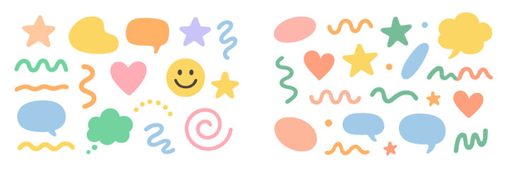 Aufkleber - Colorful abstract shapes and icons in pastel tones create a playful and cheerful composition suitable for various design projects
