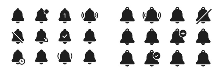 Poster - Different notification bell icons representing various states of alerts and settings suitable for user interfaces in digital applications
