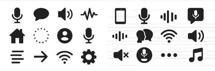 Leinwandbilder - Collection of black and white vector icons representing communication, sound, and technology elements