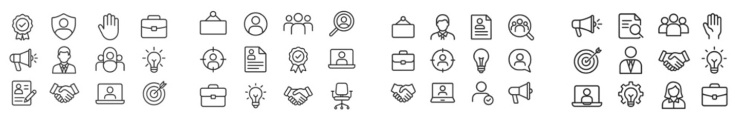 Poster - Collection of line icons representing various professional activities and concepts in a modern workspace environment