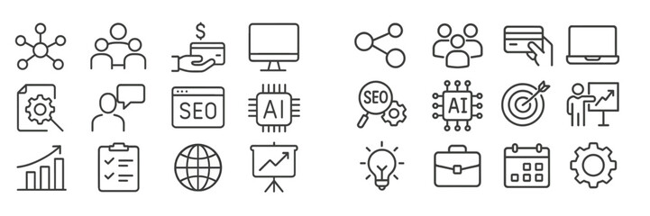 Poster - Collection of various digital marketing and technology icons on a clean white background illustrating key concepts and tools