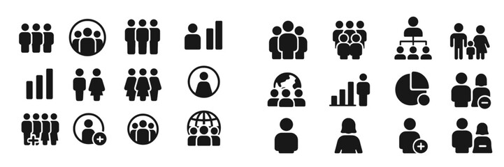 Aufkleber - Icons representing diverse groups, statistics, and social interactions in a monochromatic design
