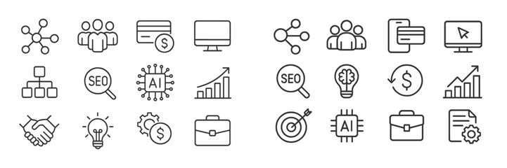 Poster - Collection of icons representing business concepts such as teamwork, technology, finance, and analytics in a modern style