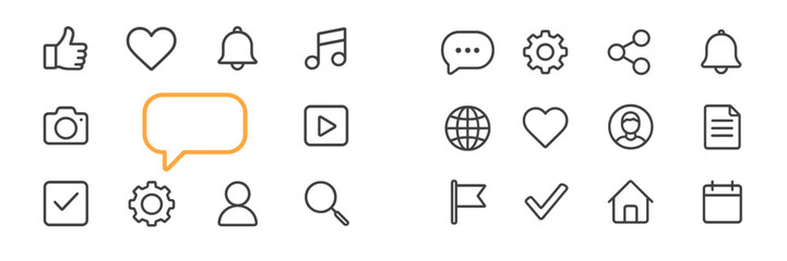 Aufkleber - Collection of simple line icons representing social media and communication concepts in a minimalist style