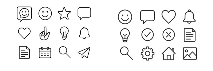 Poster - Collection of simple line icons representing emotions, objects, and notifications for web design elements